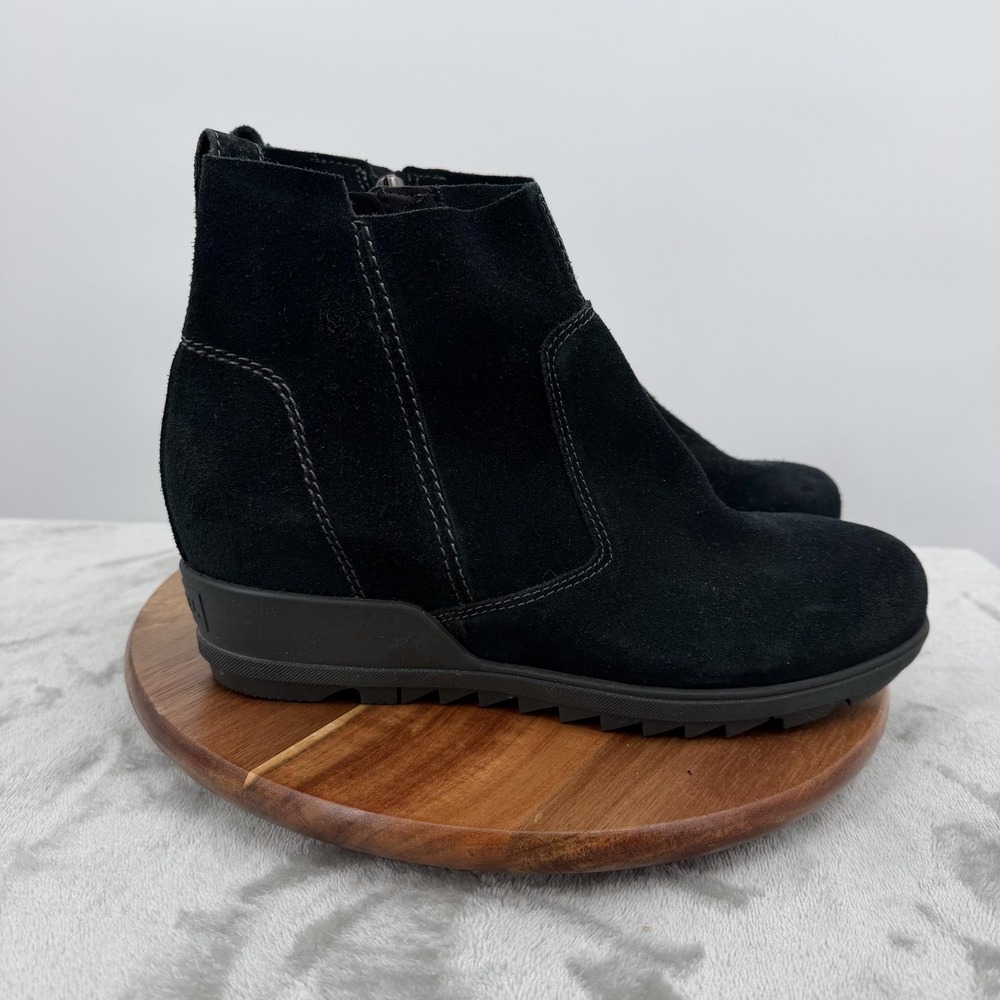 Sorel Boots Womens 9.5 Black Suede Evie Ankle Zip Wedge Lined Comfort Lug Sole